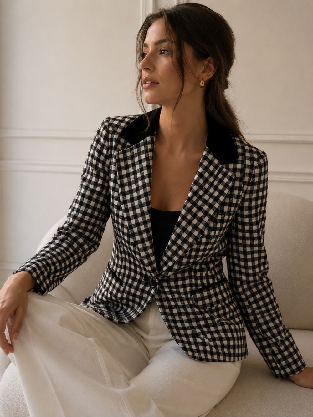 Vintage Georges Rech Wool Blend Gingham Check Blazer Jacket Black White Size 40